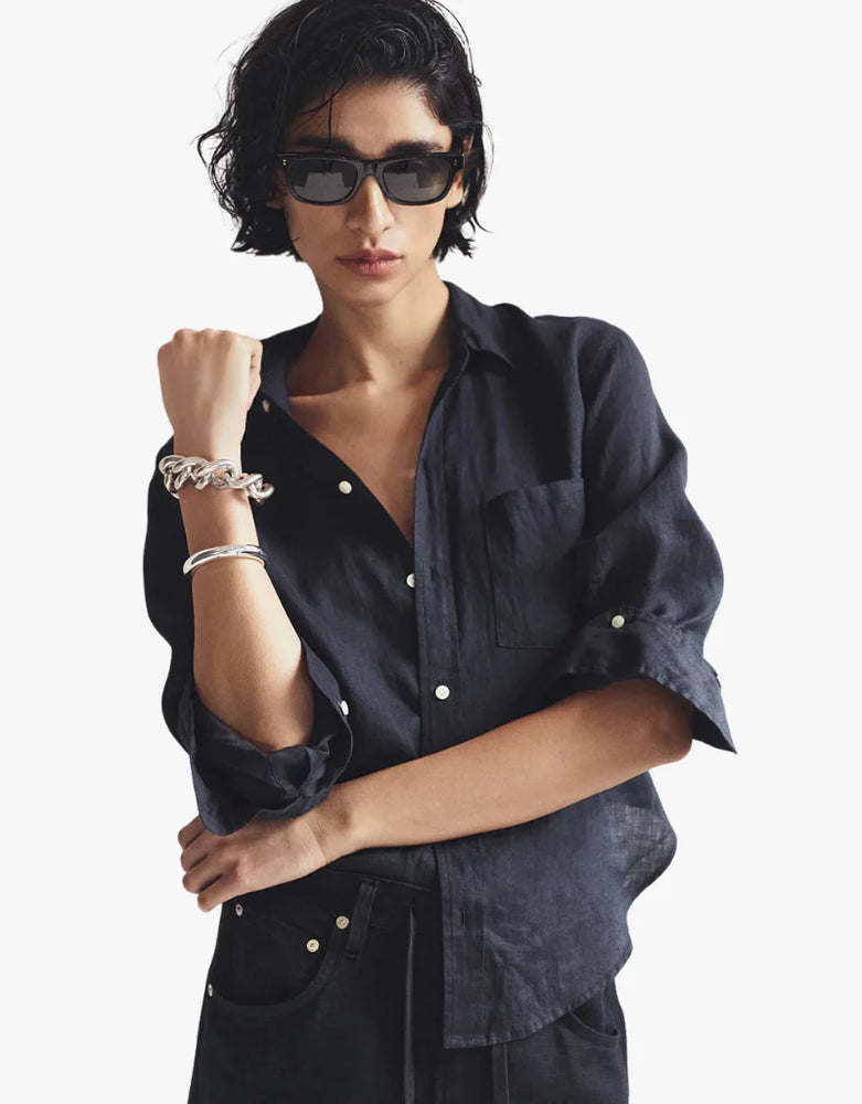 KAYLA SHRUNKEN LINEN SHIRT - NAVY