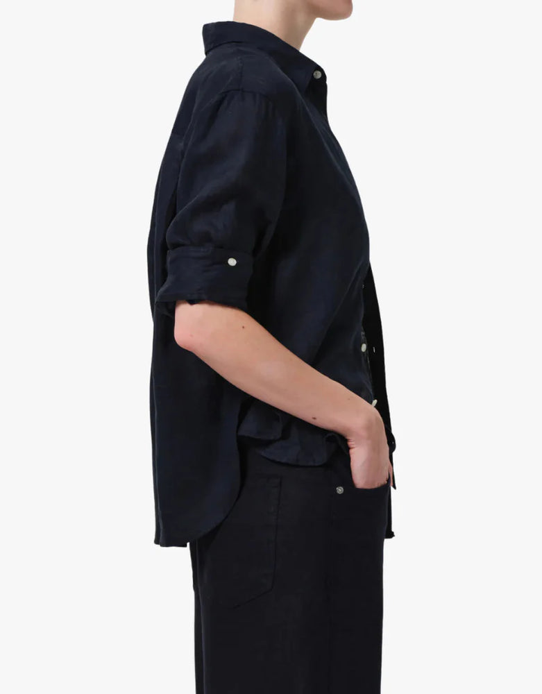KAYLA SHRUNKEN LINEN SHIRT - NAVY