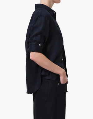 KAYLA SHRUNKEN LINEN SHIRT - NAVY