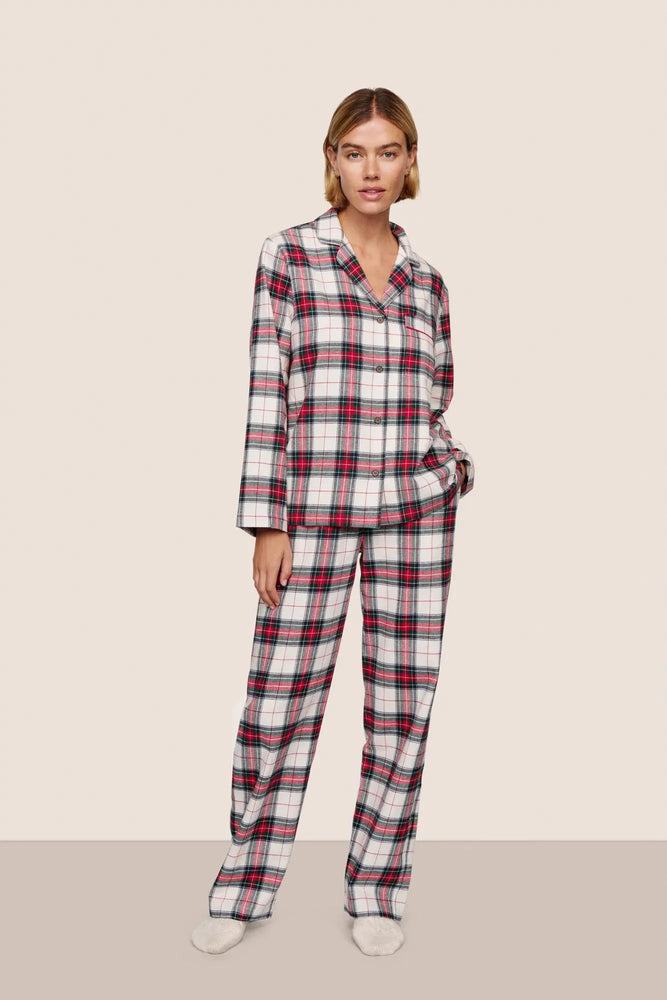 FLANNEL LONG PJ SET - TARTAN PLAID IVORY/HOLLY RED