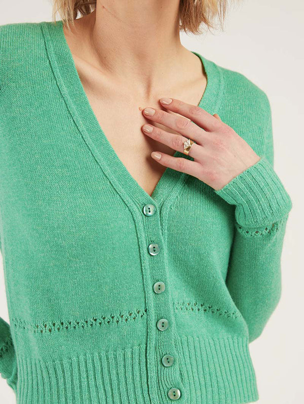V-NECK CARDIGAN WITH POINTELLE STITCH DETAILING