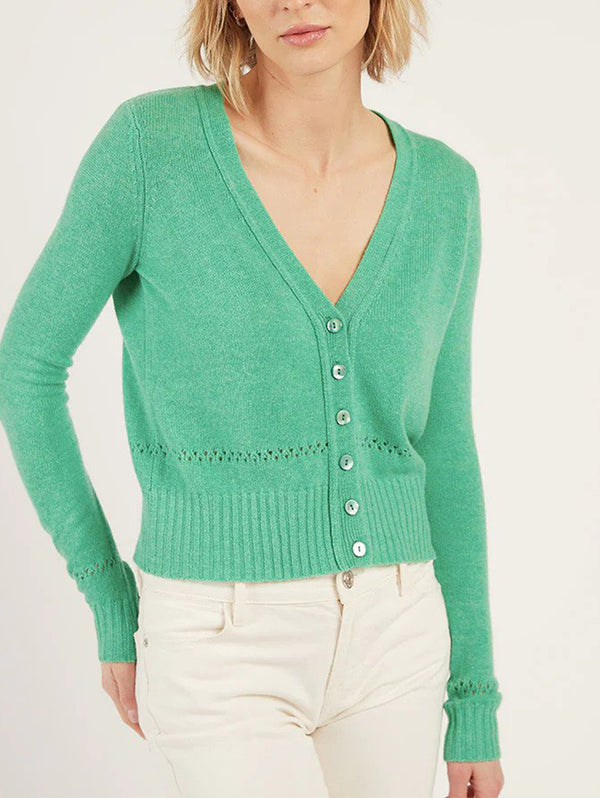 V-NECK CARDIGAN WITH POINTELLE STITCH DETAILING